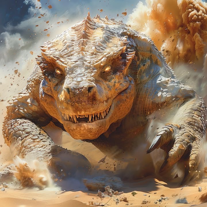 Illustration af en stor varan, der løber gennem sand og støv