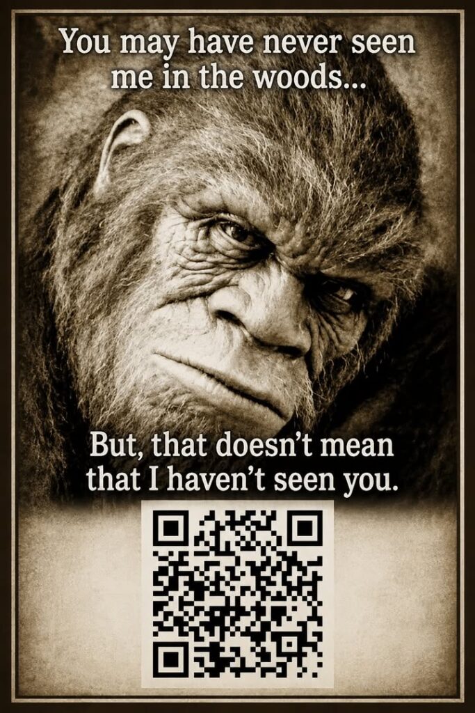 Sort-hvid Bigfoot-plakat med teksten “You may have never seen me in the woods… But, that doesn't mean that I haven't seen you” og en QR-kode